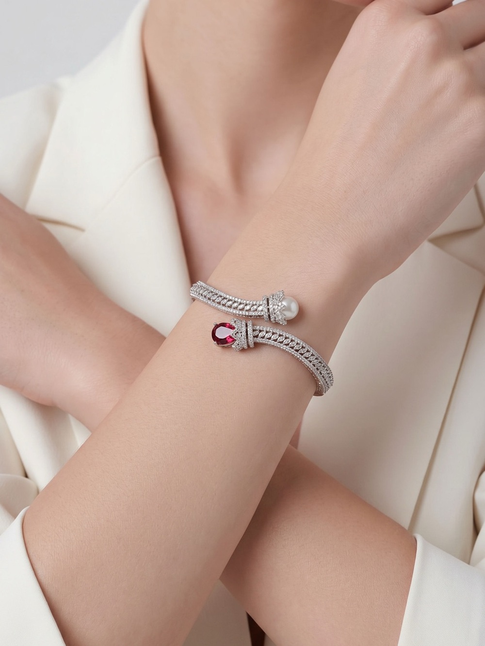 Elegant Silver Open Cuff Bracelet with Pearl and Red Gem